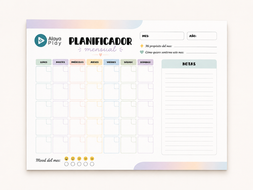 Planificador mensual Alaya Play para organizar propósitos y notas del mes