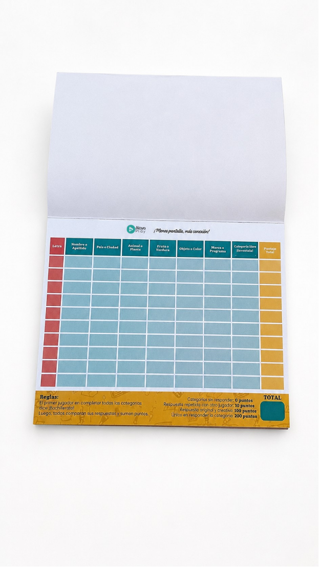Hoja de puntaje del juego Bachillerato con categorías predefinidas para jugar en familia